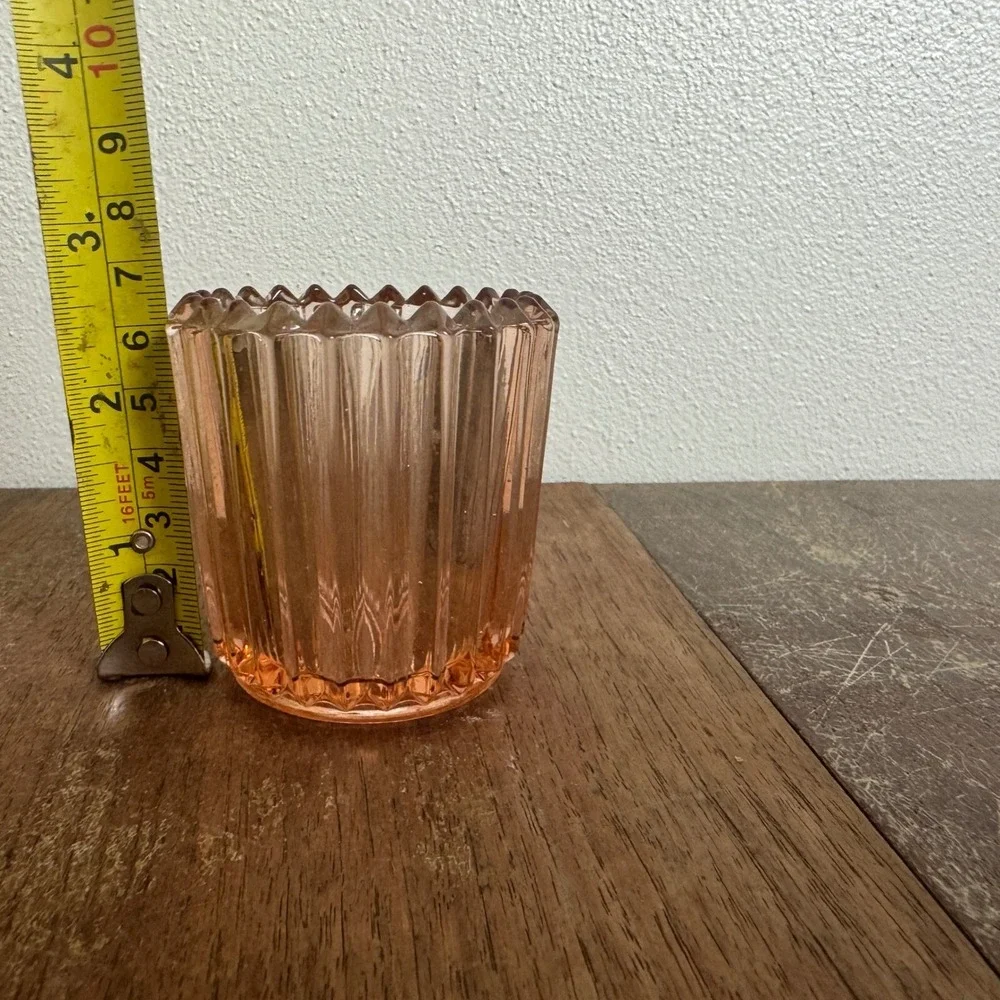 Vintage Clear Pink Ribbed Tea Light Candle Holder Q-Tip Holder Vanity‎ Organizer